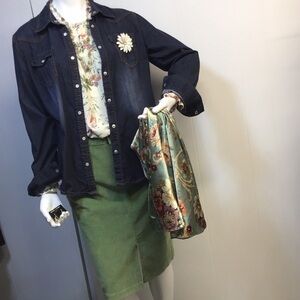 Navy Denim Shirt with Floral Blouse & Olive Green Skirt